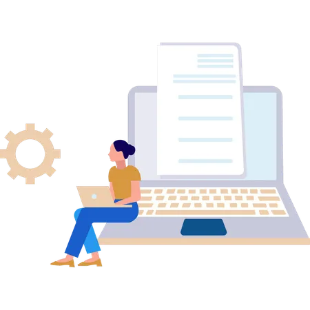 Lady está trabajando en la configuración de documentos en una computadora portátil  Ilustración