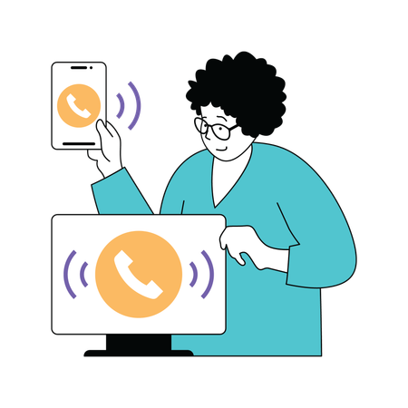 Señora llamando desde el teléfono a la computadora  Ilustración