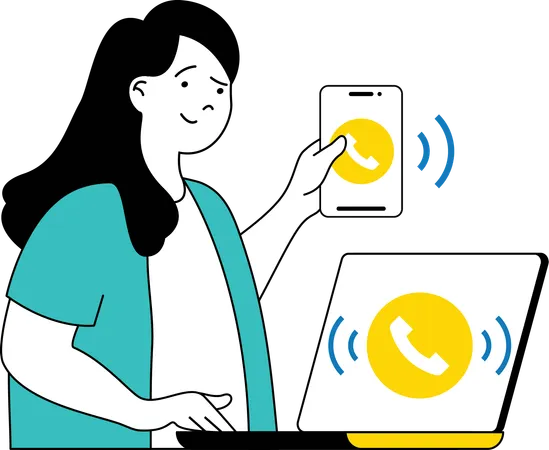 Señora llamando desde el teléfono a la computadora  Ilustración