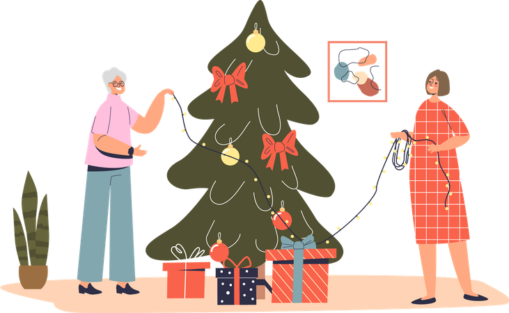 Abuela anciana decorando el árbol de Navidad junto con su nieta  Ilustración