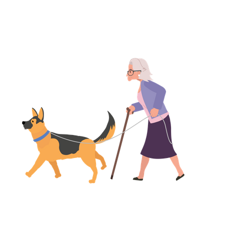 Señora mayor con bastón y fiel perro acompañante  Ilustración