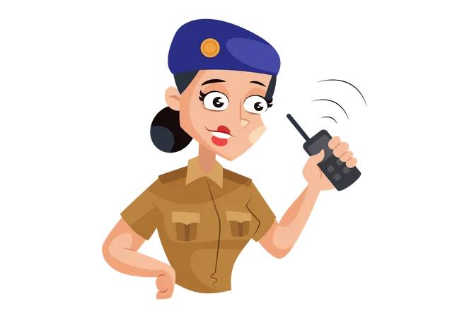 Señora policía hablando por walkie talkie  Ilustración