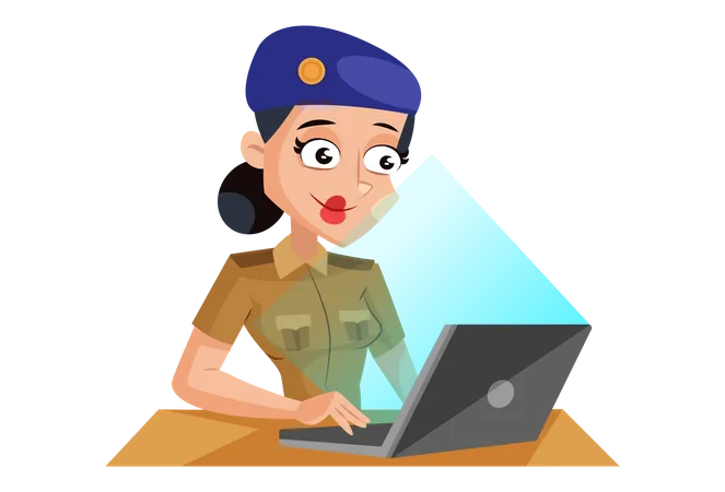 Señora policía india trabajando en una computadora portátil  Ilustración