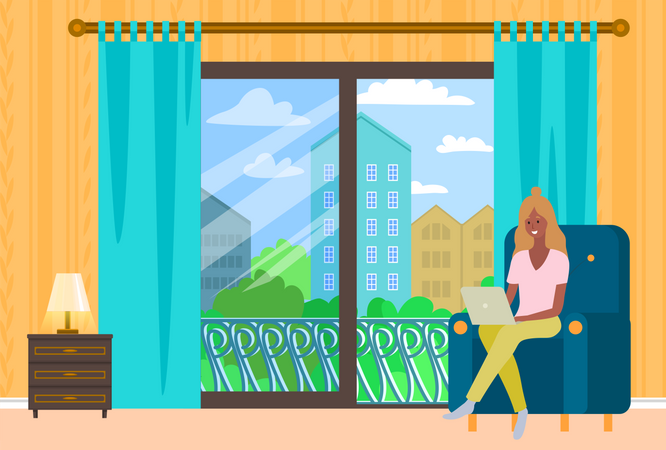 Señora sentada en el sofá con una computadora portátil  Ilustración