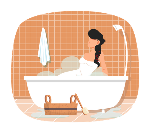 Señora sentada en la bañera con agua caliente  Ilustración