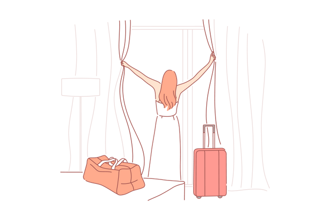 Señorita abriendo cortina en la habitación  Ilustración