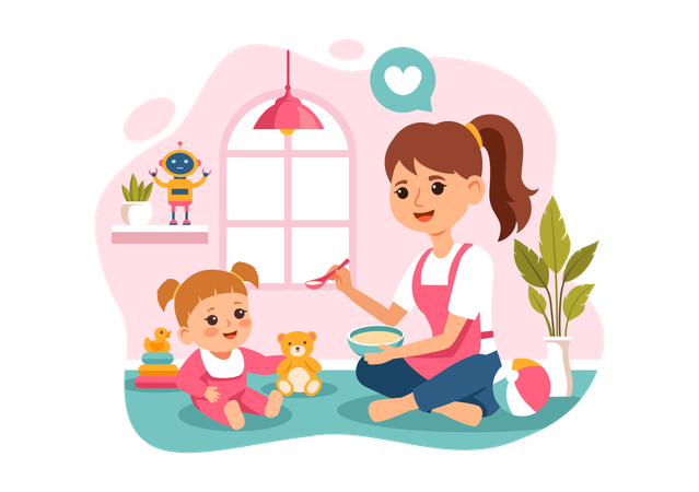 Señorita alimentando comida a niña  Ilustración