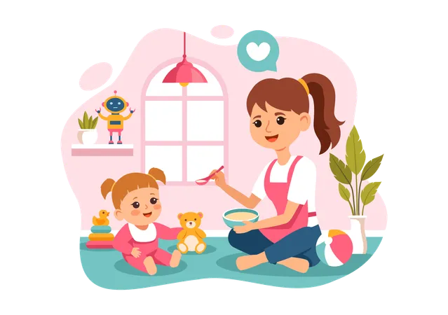 Señorita alimentando comida a niña  Ilustración