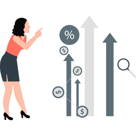 Jovencita señalando flechas de crecimiento del dólar  Ilustración