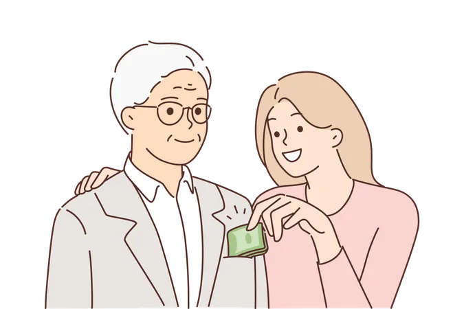 Señorita dando dinero a su abuelo  Ilustración