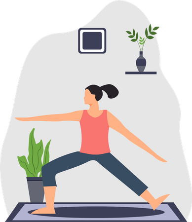 Señorita haciendo yoga trikonasana en casa  Ilustración