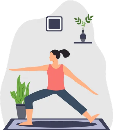 Señorita haciendo yoga trikonasana en casa  Ilustración