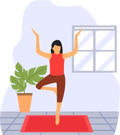 Señorita haciendo yoga de pie en la habitación  Ilustración
