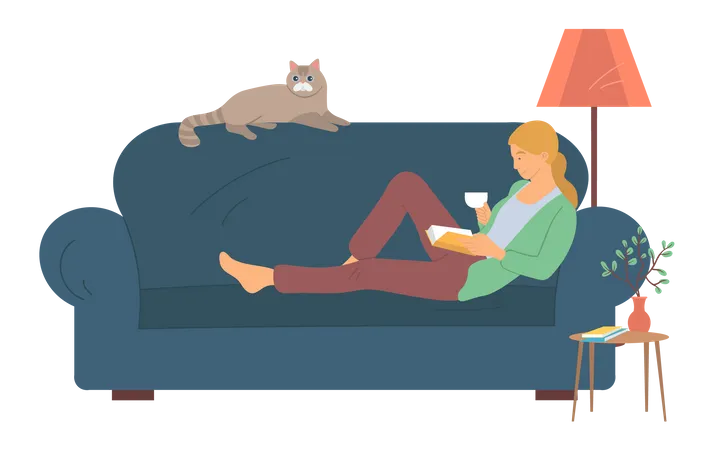 Señorita leyendo un libro y bebiendo té en el sofá  Ilustración