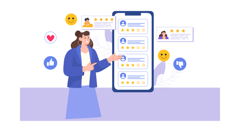 Señorita mostrando reseña de cliente  Ilustración