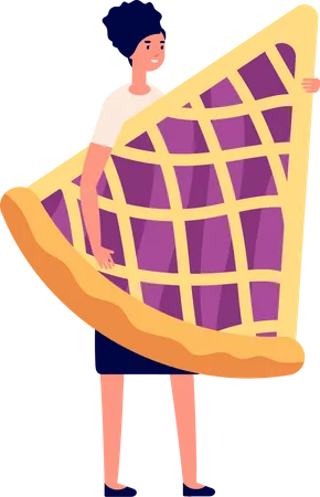 Señorita sosteniendo una porción de pizza  Ilustración