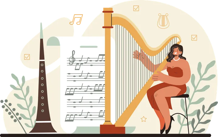 Señorita tocando el arpa  Ilustración