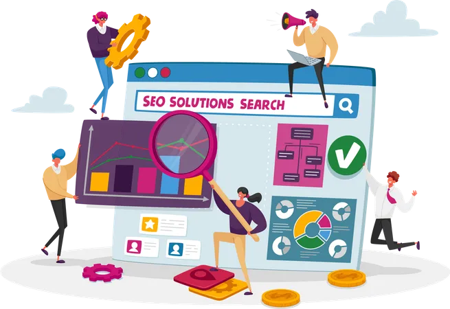 Seo Solutions And Business Data Analysis Concept Tiny Characters Research Marketing Strategy Analyzing Financial Statistics Data Charts On Huge Device Analytics Cartoon People Vector Illustration Illustration