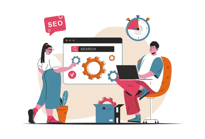 Seo Analysis Concept Isolated Setting Up And Optimizing Search Results For Site People Scene In Flat Cartoon Design Vector Illustration For Blogging Website Mobile App Promotional Materials Illustration