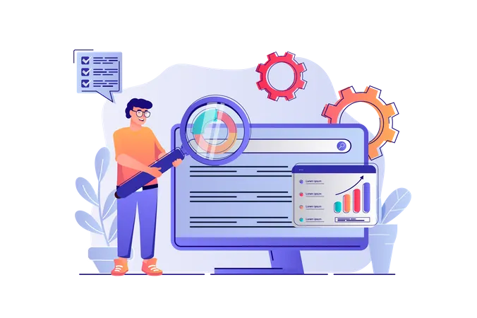 SEO Analysis Concept With People Scene Man Settings Site For Search Engines Analyzes Statistics Of Web Page Improvement And Optimization Vector Illustration With Characters In Flat Design For Web Illustration