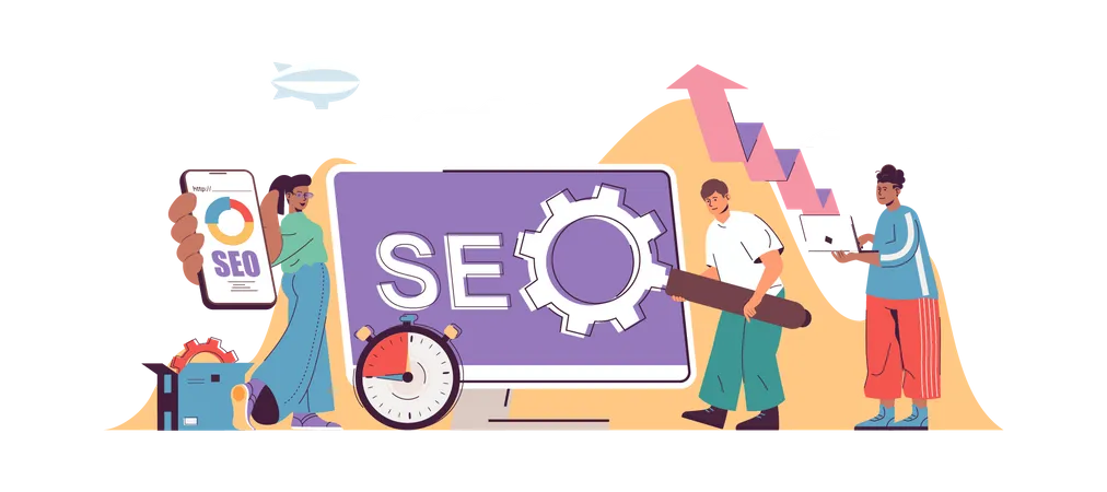 Seo Optimization Web Concept For Landing Page In Flat Design Man And Woman Making Analytics Research And Optimizes Ranking And Site Traffic Vector Illustration With People Scene For Website Homepage Illustration