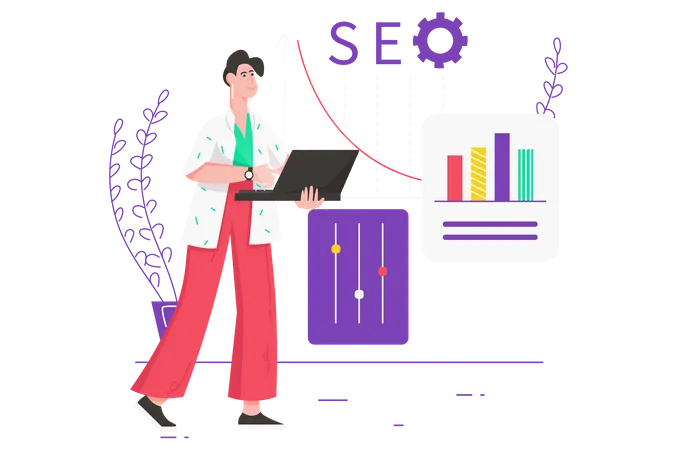 Seo Optimization Service Modern Flat Concept Man Working On Laptop Analyzes Data On Queries And Keywords Settings And Promotes Sites Vector Illustration With People Scene For Web Banner Design Illustration