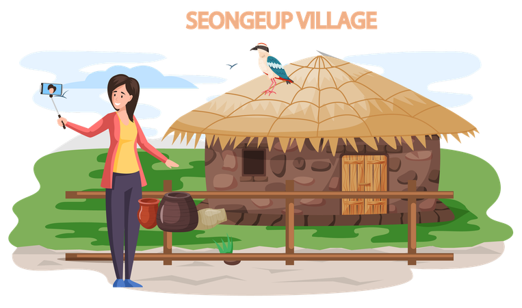 Seongeup village famous landmark of Jeju Island in south Korea  Illustration