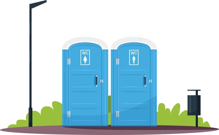 Separated Women And Men Wc Semi Flat RGB Color Vector Illustration Portable Blue Public Toilets Individual Lavatory Sanitation Facilities Isolated Cartoon Objects On White Background Illustration