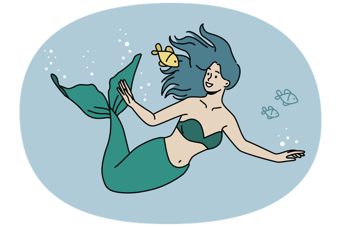 Sereia nadando debaixo d'água  Ilustração
