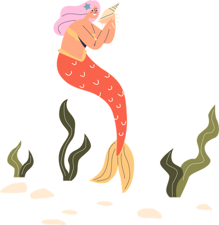 Sereia segurando concha do mar debaixo d'água  Ilustração