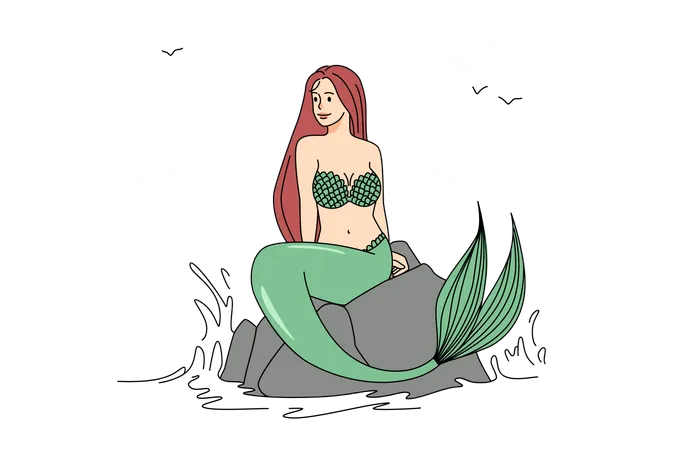 Sereia sentada em uma pedra no mar  Ilustração