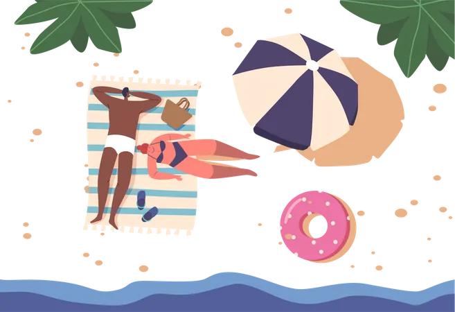 Top View Of A Serene Beach Scene With A Couple Lying On The Sandy Shore Enjoying The Sun And Peaceful Surroundings Male And Female Characters Relax On Towel Cartoon People Vector Illustration Illustration
