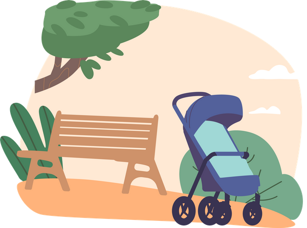 Serene Summer Park and Baby Stroller  Illustration