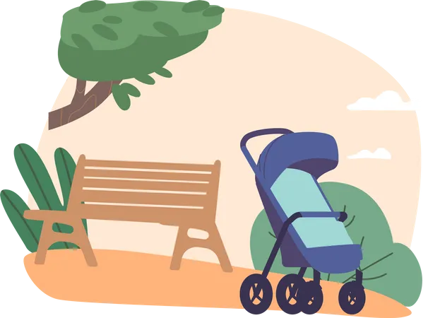 Serene Summer Park Setting With A Comfortable Bench And A Nearby Baby Stroller Providing A Peaceful Spot For Relaxation And A Convenient Place For Parents To Take A Break Cartoon Vector Illustration 일러스트레이션