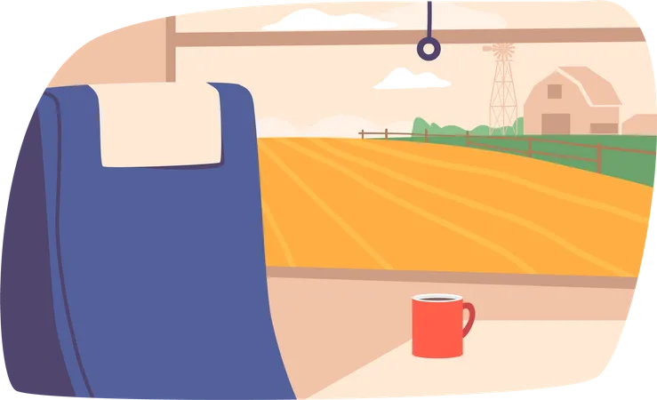 Serene Train Window With Picturesque Rural Landscape Offering Glimpses Of Rolling Hills Vast Meadows And Quaint Village Creating Tranquil Journey Through Nature Beauty Cartoon Vector Illustration イラスト