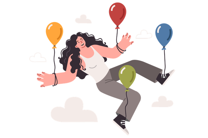 Serene woman feels freedom flying in sky on balloons  Illustration