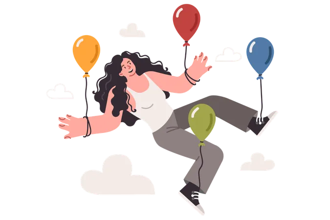 Serene woman feels freedom flying in sky on balloons  Illustration