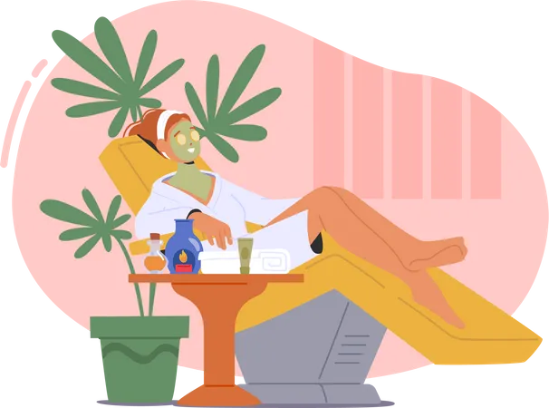 Serene Woman Indulges In Self Care At Spa Applying Face Mask While Reclining On Chair Pampering Session At Care Of Skin Promotes Relaxation And Rejuvenation Cartoon People Vector Illustration Illustration