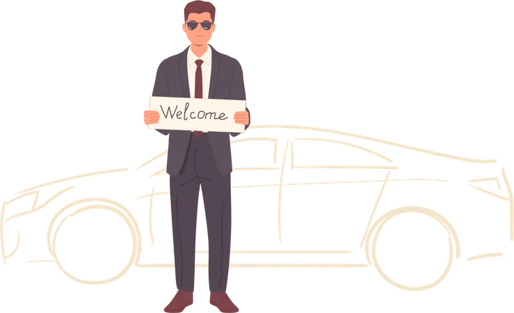 Serious bodyguard wearing formal suit and sun glasses standing with hello banner meeting boss Illustration