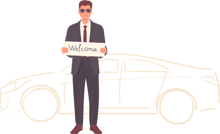 Serious bodyguard wearing formal suit and sun glasses standing with hello banner meeting boss  Illustration