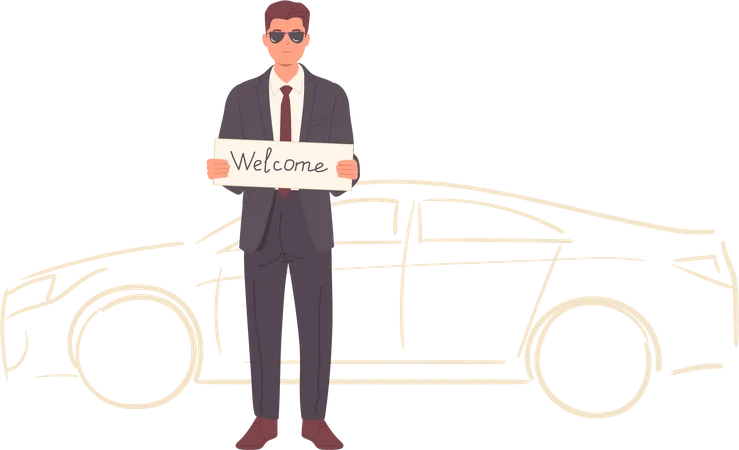 Serious bodyguard wearing formal suit and sun glasses standing with hello banner meeting boss  Illustration