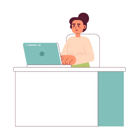 Serious Caucasian Woman Sitting At Desk 2 D Vector Isolated Spot Illustration Woman Typing On Laptop Flat Character On White Background Office Work Colorful Editable Scene Illustration