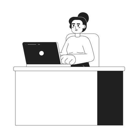 Serious caucasian woman sitting at desk  Illustration