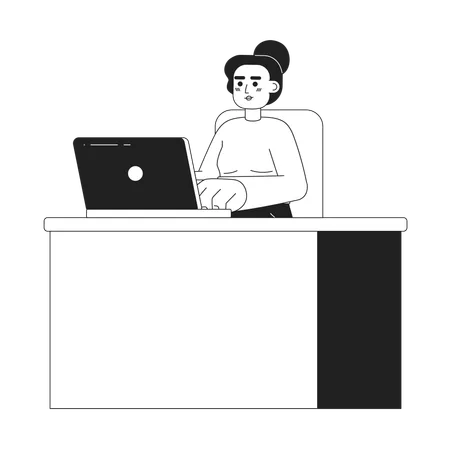 Serious Caucasian Lady Sitting At Desk 2 D Vector Monochrome Isolated Spot Illustration Woman Typing On Laptop Flat Hand Drawn Character On White Background Office Work Editable Outline Cartoon Scene Illustration