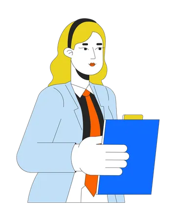 Serious Female Secretary Office Worker 2 D Linear Cartoon Character Blonde Woman Employee Holding Tablet Isolated Line Vector Person White Background Corporate Assistant Color Flat Spot Illustration Illustration