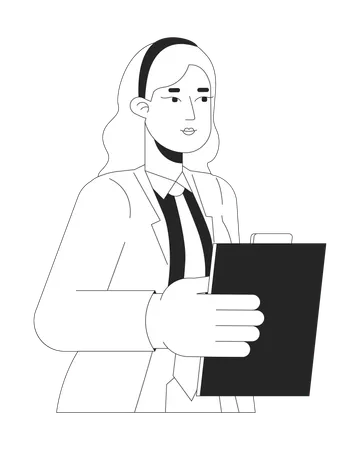 Serious Female Secretary Office Worker Black And White 2 D Line Cartoon Character Blonde Woman Employee Holding Tablet Isolated Vector Outline Person Assistant Monochromatic Flat Spot Illustration Illustration