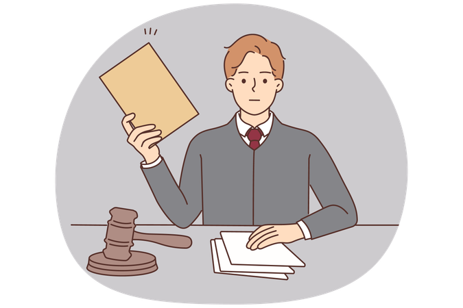 Serious male judge sitting at desk with gavel and documents  Illustration