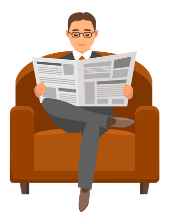 Serious man sits in chair and reads newspaper  Illustration