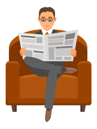 Serious man sits in chair and reads newspaper  Illustration