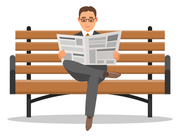 Serious man sits on bench and reads newspaper Illustration